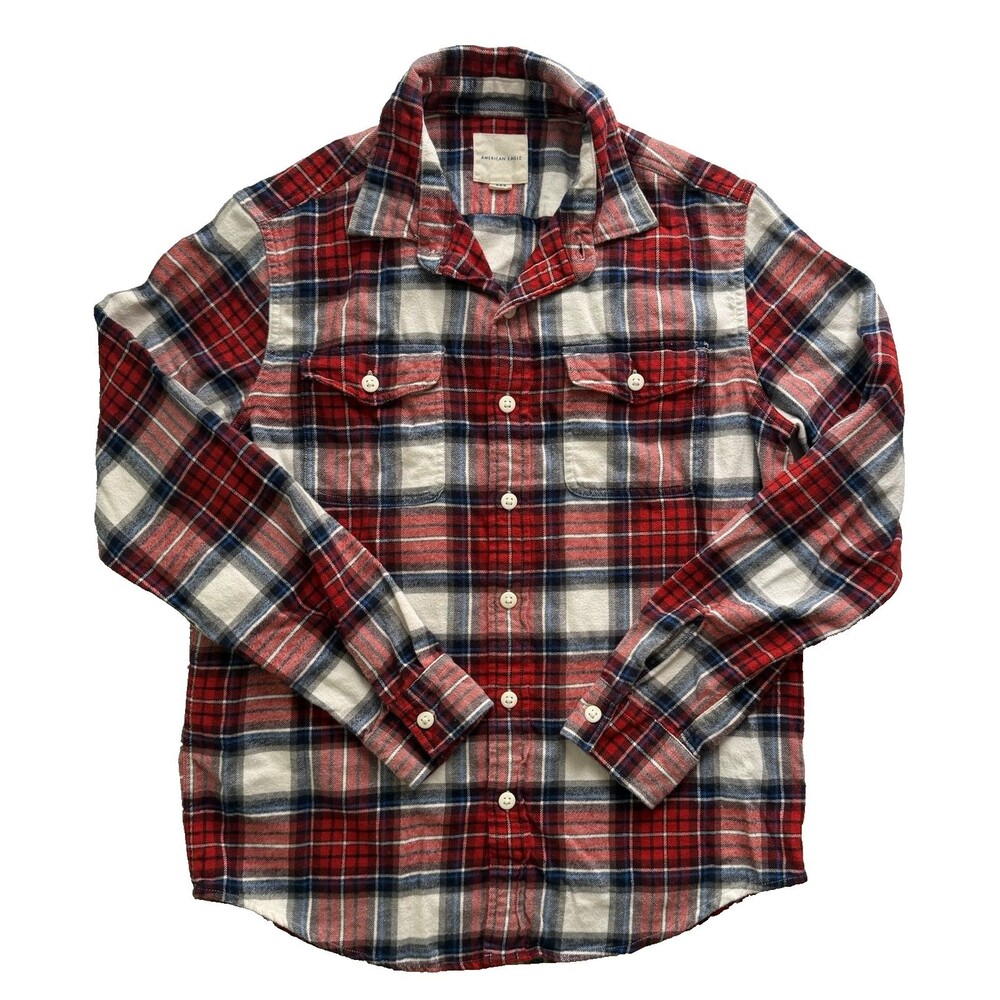 American Eagle Shirt Mens Medium Red White Plaid Flannel Long Sleeve Casual